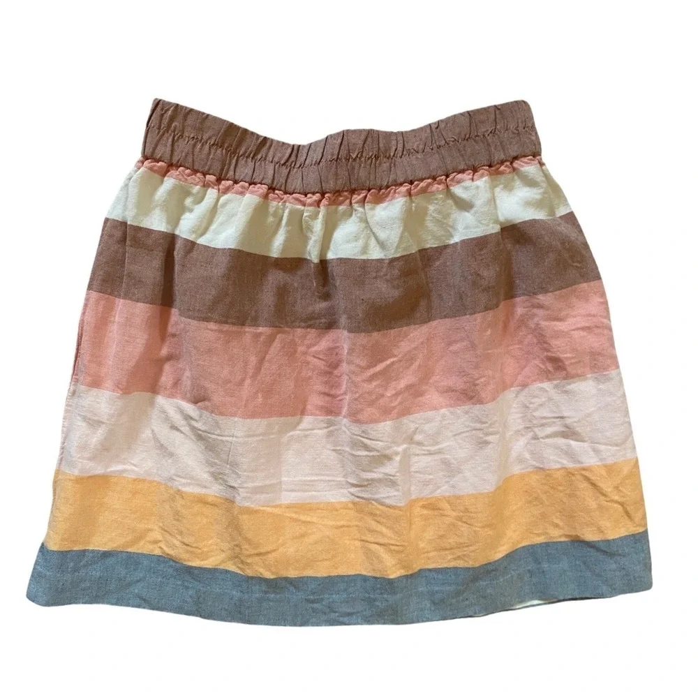 LOFT Womens Linen Blend Striped Mini Skirt Multi Color Elastic Waist Size S